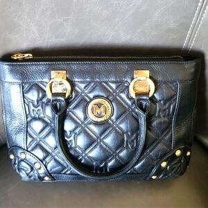 Metro City Black Quilted Satchel with Gold Accents